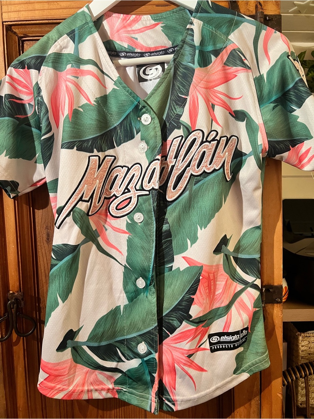 Mazatlán Venados Tropical Print Kids Women’s Baseball Jersey - Green & Coral